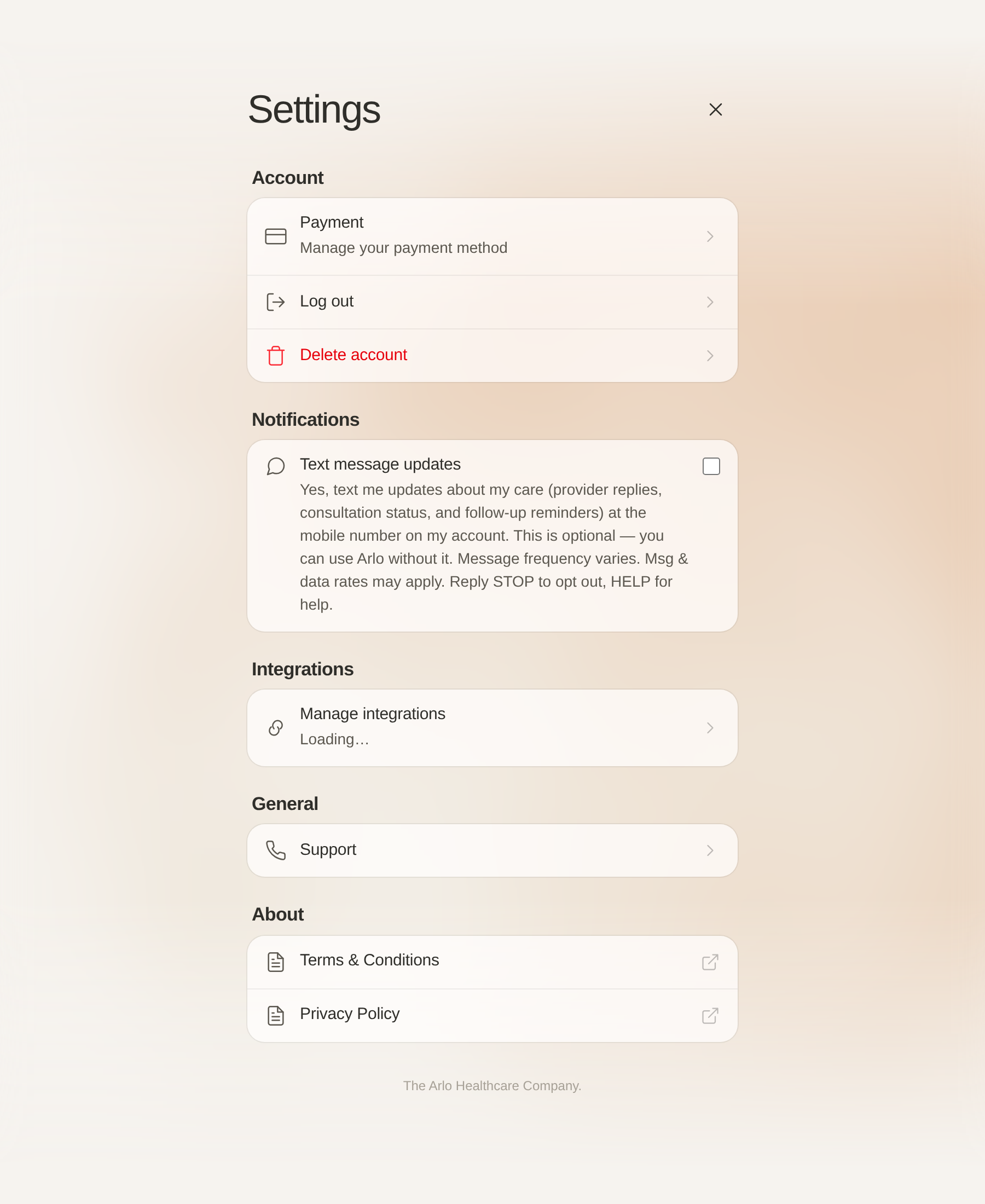 Arlo Health account settings showing the Notifications section with the text message updates checkbox