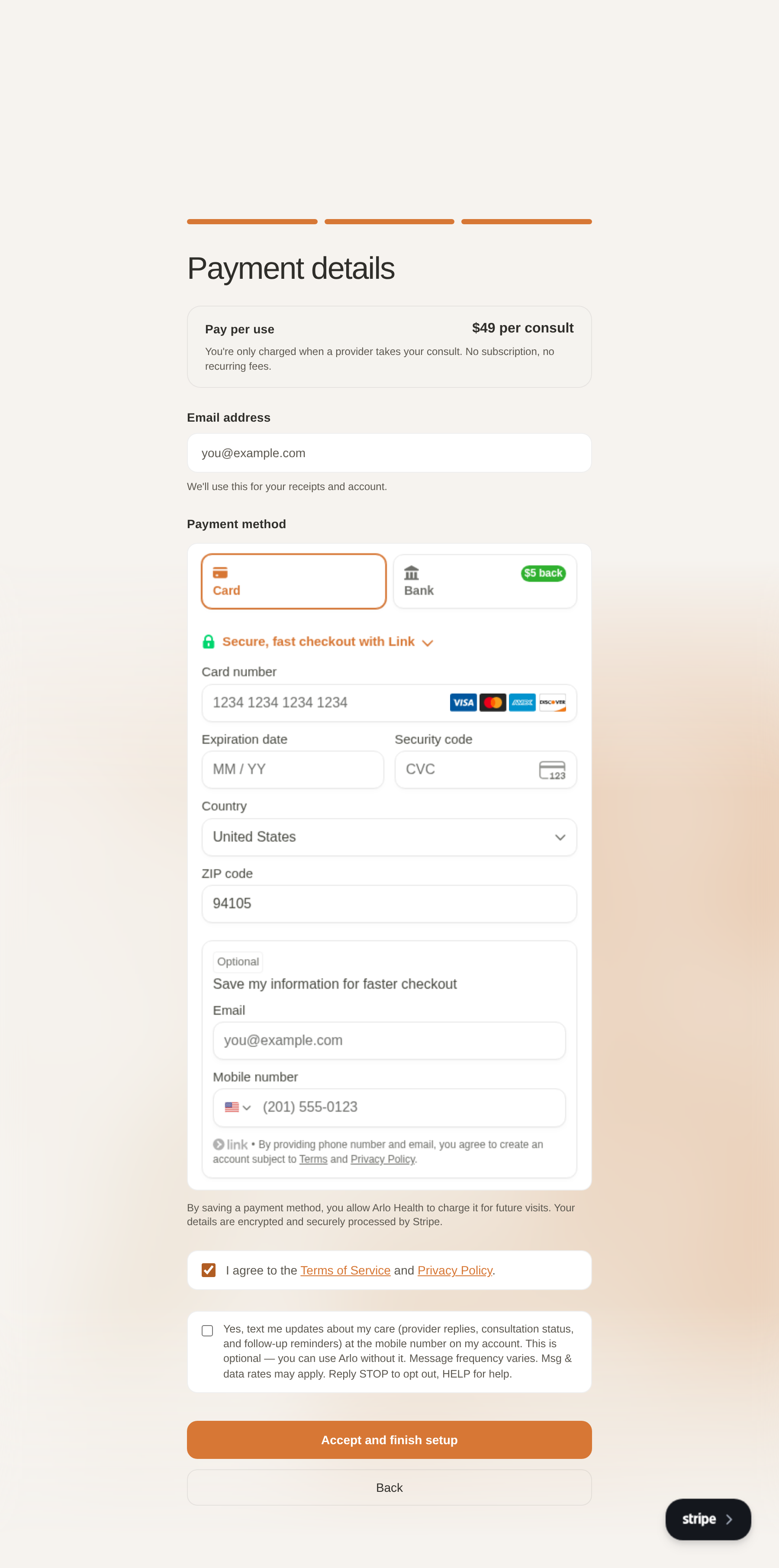 Arlo Health signup screen: the SMS opt-in checkbox is unchecked and separate from the accepted Terms checkbox, and the submit button is enabled